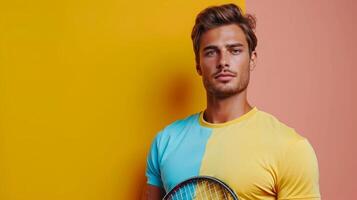AI generated minimalist vivid advertisment background with handsome tennis player and copy space photo