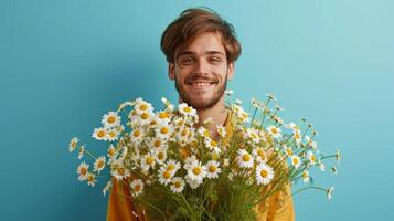 AI generated minimalist vivid advertisment background with handsome man with chamomile bouquet and copy space photo