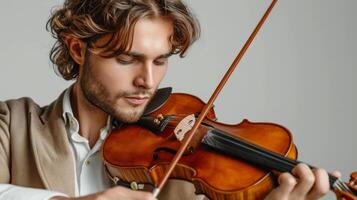 AI generated minimalist vivid advertisment background with handsome violinist and copy space photo