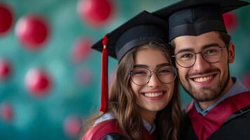 AI generated minimalist vivid advertisment background with handsome couple in graduation cap and copy space photo