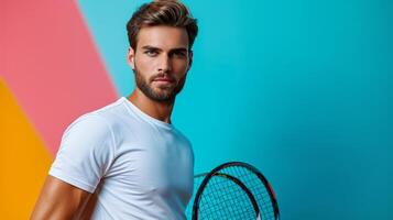 AI generated minimalist vivid advertisment background with handsome tennis player and copy space photo