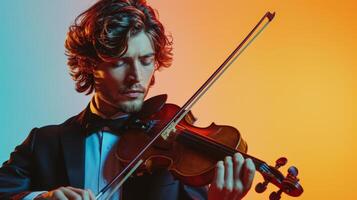 AI generated minimalist vivid advertisment background with handsome violinist and copy space photo