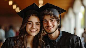 AI generated minimalist vivid advertisment background with handsome couple in graduation cap and copy space photo