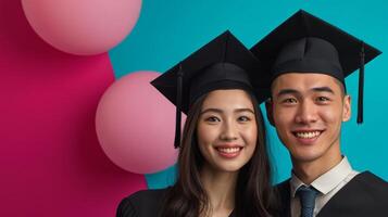 AI generated minimalist vivid advertisment background with handsome couple in graduation cap and copy space photo