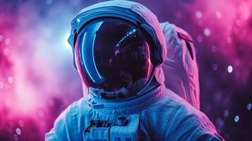 AI generated minimalist vivid advertisment background with handsome astronaut and copy space photo