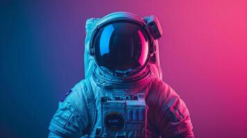 AI generated minimalist vivid advertisment background with handsome astronaut and copy space photo