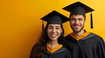 AI generated minimalist vivid advertisment background with handsome couple in graduation cap and copy space photo