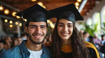 AI generated minimalist vivid advertisment background with handsome couple in graduation cap and copy space photo