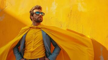 AI generated minimalist vivid advertisment background with handsome suprhero and copy space photo