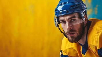 AI generated minimalist vivid advertisment background with handsome hockey player and copy space photo