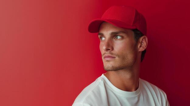 AI generated minimalist vivid advertisment background with handsome baseball player and copy space photo