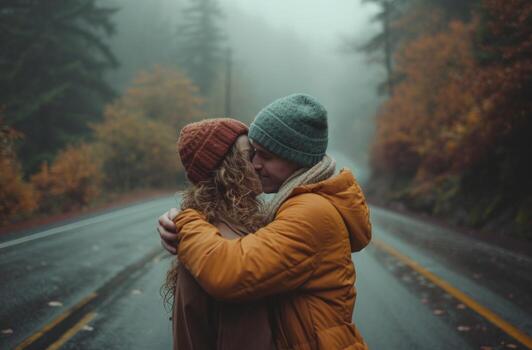 AI generated people hugging on the road with hands on shoulders photo