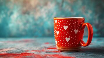 AI generated red coffee mug in white hearts on minimalist background with copy space photo