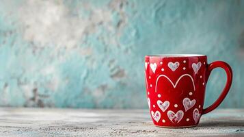 AI generated red coffee mug in white hearts on minimalist background with copy space photo