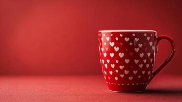 AI generated red coffee mug in white hearts on minimalist red background with copy space photo