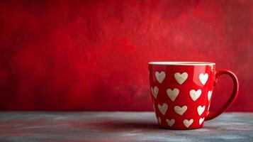 AI generated red coffee mug in white hearts on minimalist red background with copy space photo