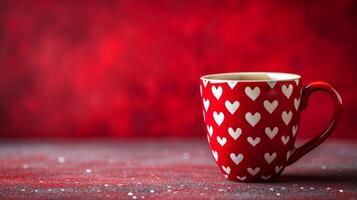 AI generated red coffee mug in white hearts on minimalist red background with copy space photo