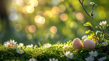 AI generated spring early morning easter background with copy space photo