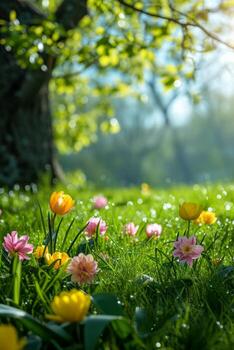 AI generated spring early morning easter background with copy space photo