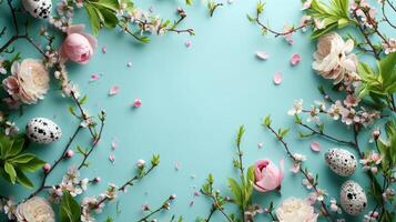 AI generated spring garden party easter background with copy space photo