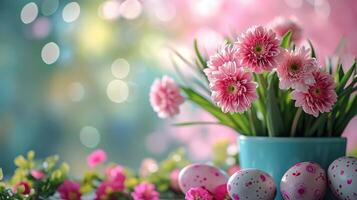 AI generated spring garden party easter background with copy space photo