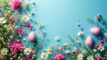 AI generated spring garden party easter background with copy space photo