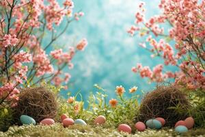 AI generated Spring Spectacle. Vibrant Easter scene offering a captivating backdrop for advertising photo