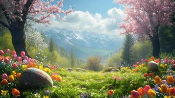AI generated Spring Spectacle. Vibrant Easter scene offering a captivating backdrop for advertising photo