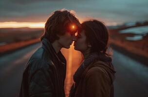 ai generado el dos amantes en un la carretera son besos foto