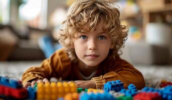 AI generated young boy playing with lego building blocks photo