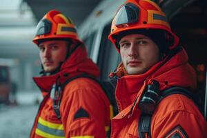 ai generado dos hombres en bomberos disfraces bombero foto