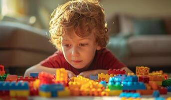 ai generado joven chico jugando con Lego edificio bloques foto