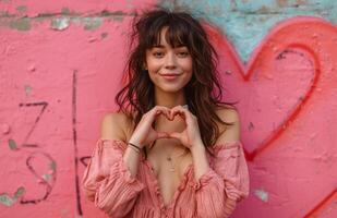 AI generated young brunette woman making a heart shape with hands, pink photo