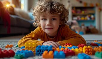 AI generated young boy playing with lego building blocks photo