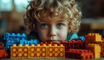 ai generado joven chico jugando con Lego edificio bloques foto