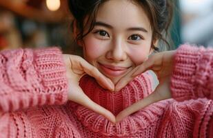 AI generated young female smiling in pink sweater showing her hands and faces while forming a heart photo