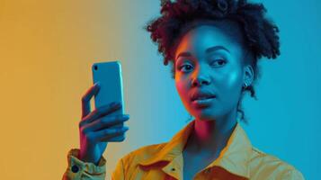 AI generated young woman pointing to her cell phone photo