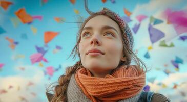 AI generated a young woman is standing in a rainbow field with flags flying photo