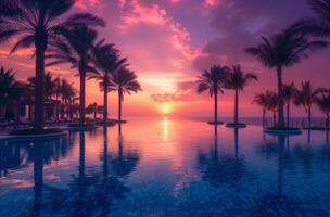 AI generated a private pool at sunset is lined with palm trees photo