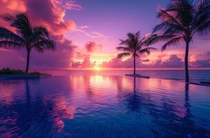 AI generated a private pool at sunset is lined with palm trees photo