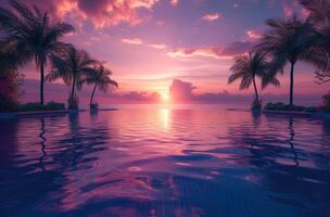 AI generated a private pool at sunset is lined with palm trees photo
