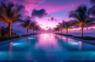 AI generated a private pool at sunset is lined with palm trees photo