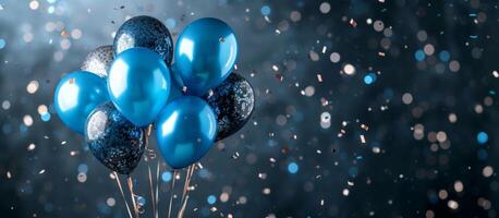 AI generated bright balloons with confetti on background photo