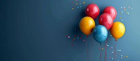 ai generado vistoso cumpleaños globos volador en azul antecedentes foto