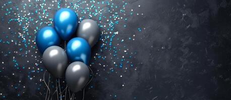 AI generated bright balloons with confetti on background photo