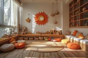 AI generated Inspiring interiors for children, blending modern aesthetics with playful exploration photo