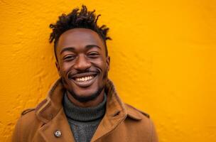 AI generated ethnic man smiling against yellow background photo