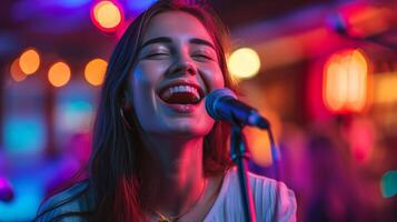 AI generated happy beautiful girl sings in karaoke, blurred background with copy space photo