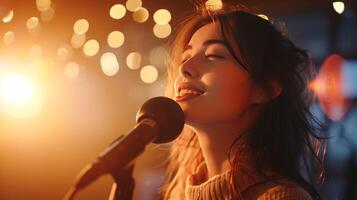 AI generated happy beautiful girl sings in karaoke, blurred background with copy space photo