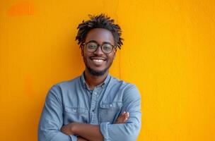 ai generado sonriente joven afroamericano hombre con brazos cruzado en contra amarillo antecedentes foto